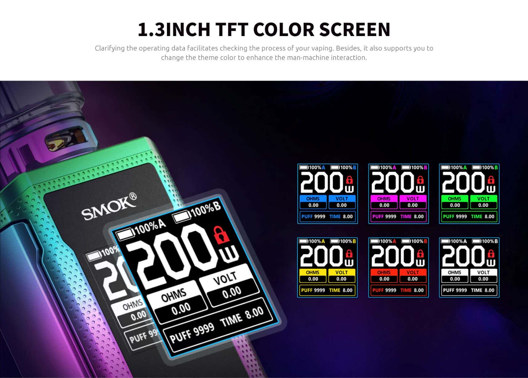 1.3 inch TFT colour screen, available in multiple colours.