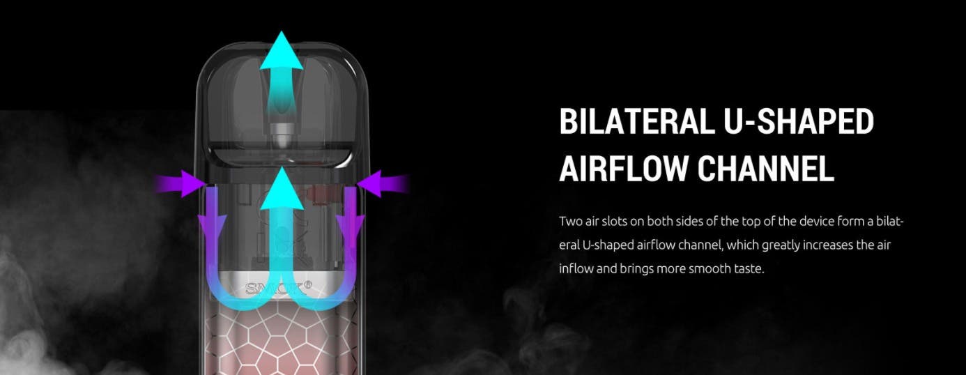 Bilateral U-shaped airflow channel. Two air slots on both sides of the top of the device form a bilateral U-shaped airflow channel, which greatly increases the air inflow and brings a smoother taste.