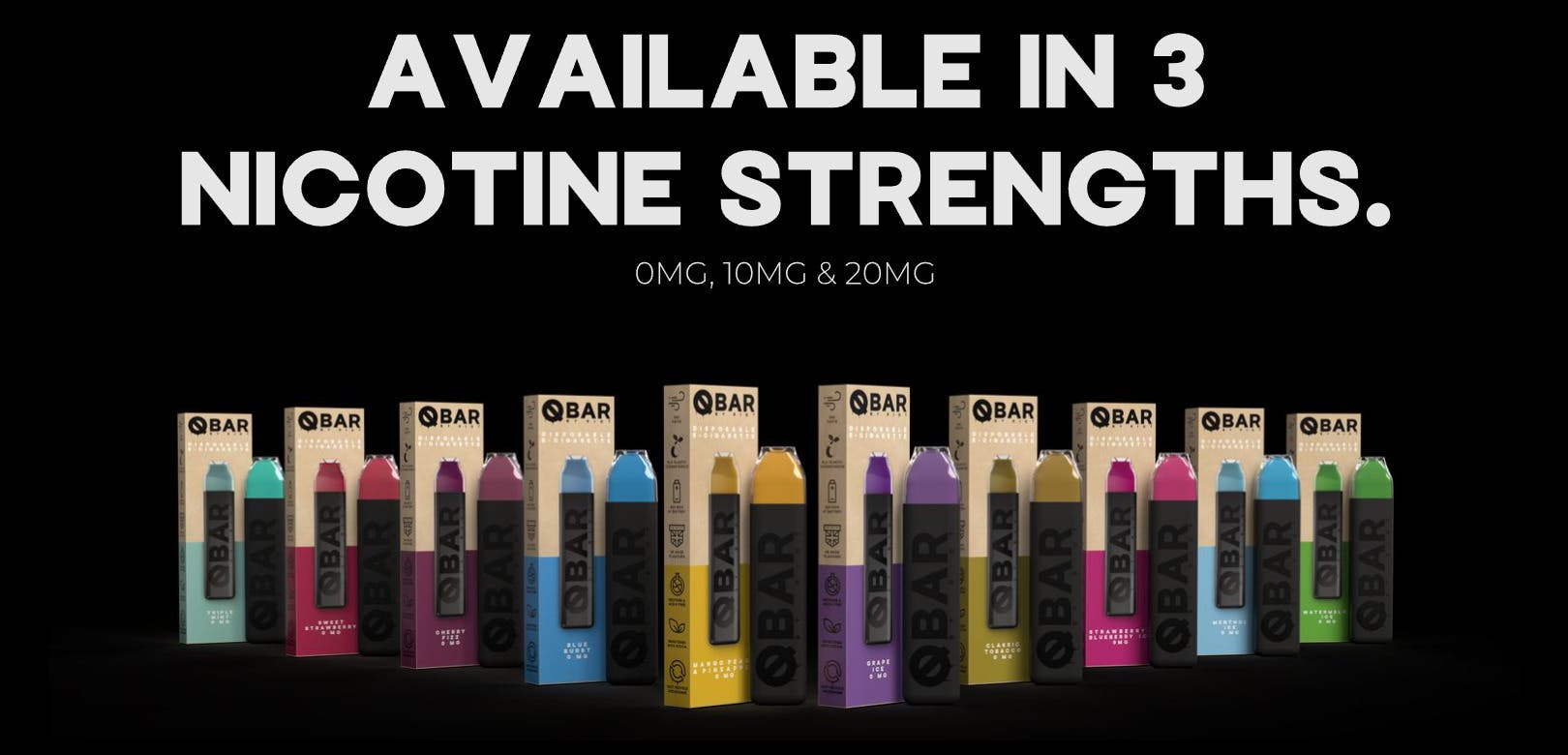 available in 3 nicotine strengths. 0mg, 10mg and 20mg.