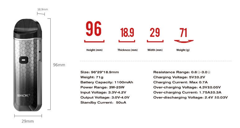 Specifications of the Nord Pro by SMOK.
