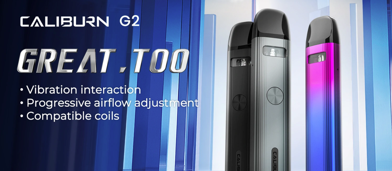 The Caliburn G2 pod kit features vibration interaction, progressive airflow, and compatible coils.