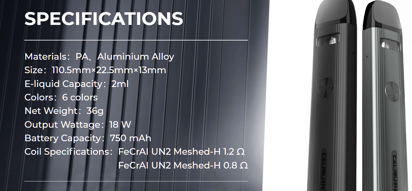 Specifications of the Uwell Caliburn G2 pod kit.