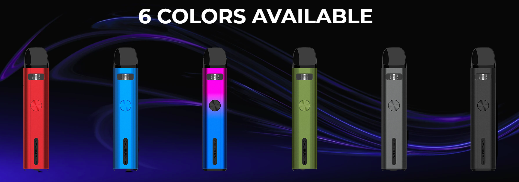 The Caliburn G2 kit is available in: Carbon Black, Pyrrole Scarlet, Shading Grey, Gradient, Ultramarine Blue and Cobalt Green