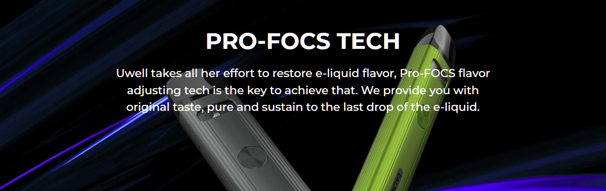 The Caliburn G2 features Pro-FOCS tech, which improves the taste of e-liquid.