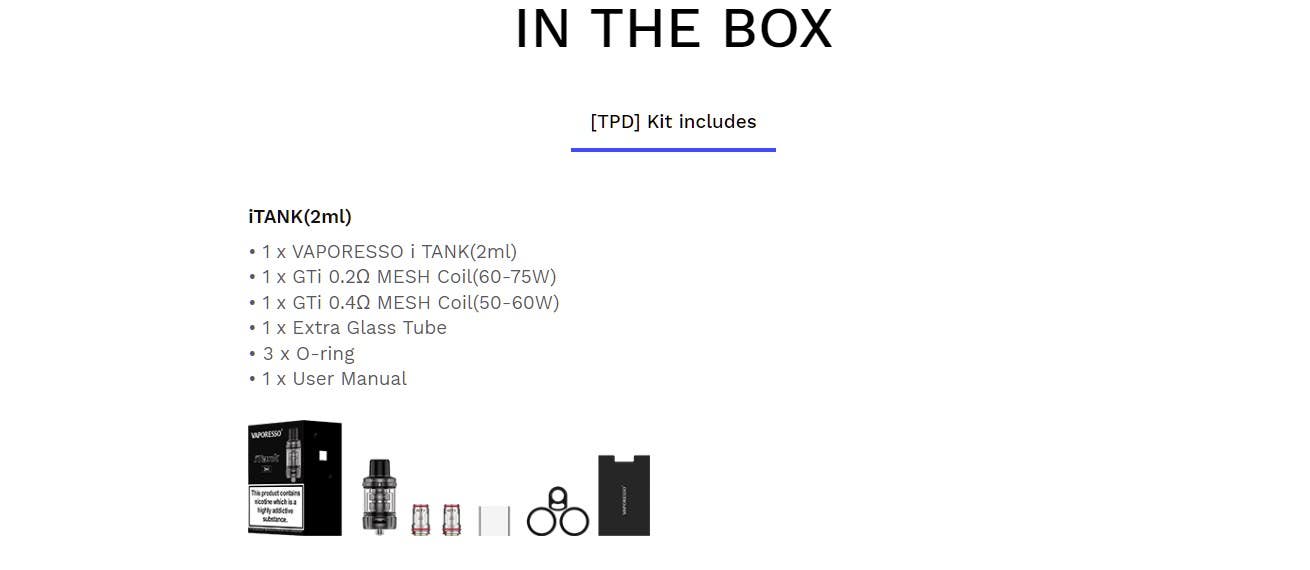 The included contents of the iTank by Vaporesso