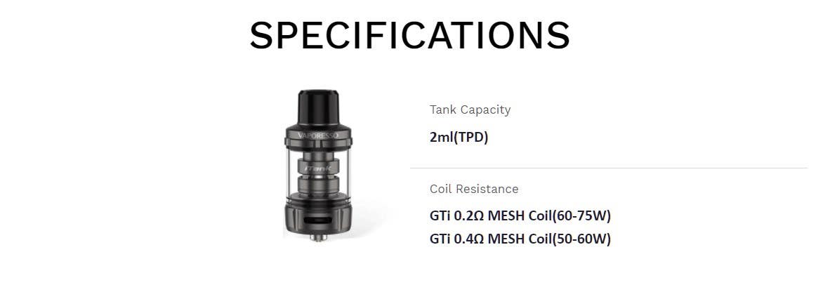 Specifications of the Vaporesso iTank