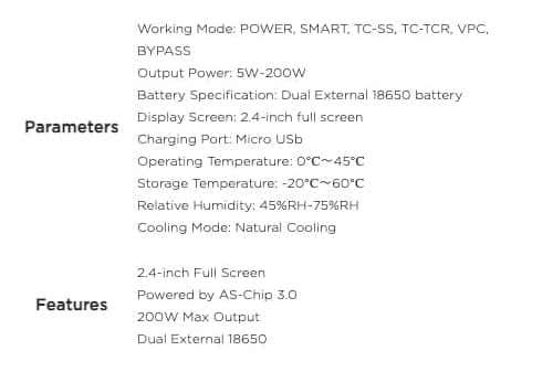 Geekvape Z200 Mod - Specifications and parameters