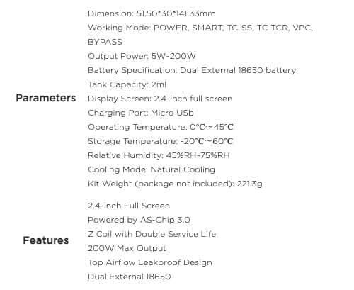 Geekvape Z200 Vape Kit - Specifications and parameters