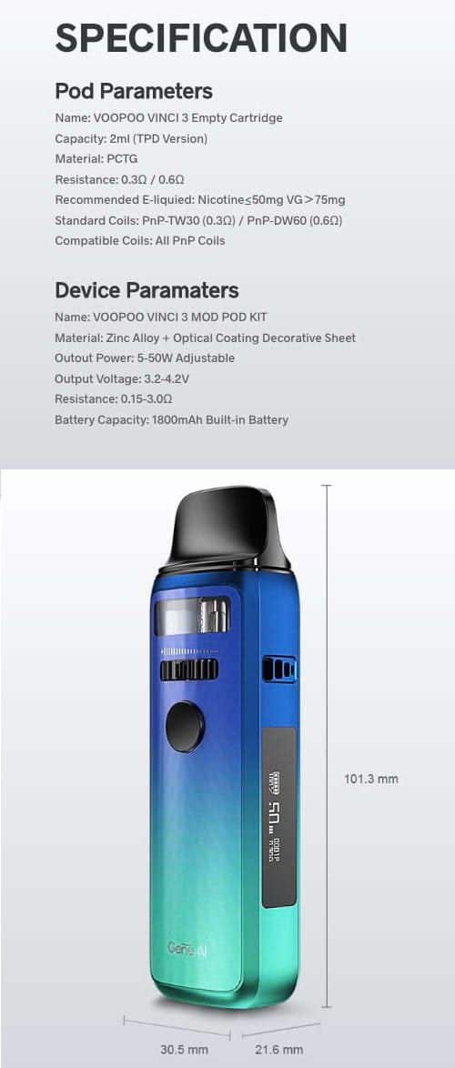 VooPoo Vinci 3 Pod Vape Kit - Specifications