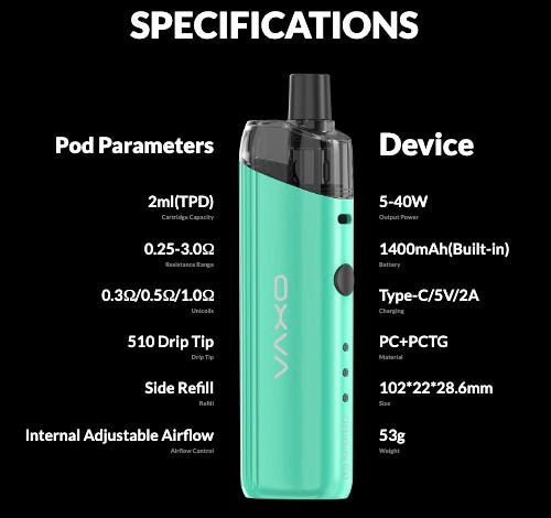 Oxva Origin SE Pod Vape Kit - Specifications