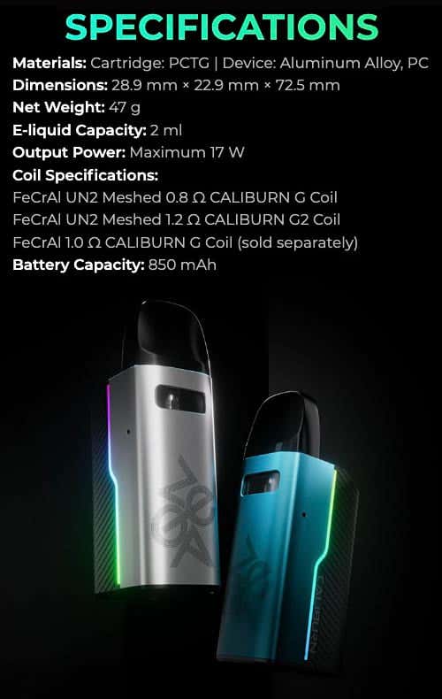 Uwell Caliburn GZ2 Pod Vape Kit - Specifications