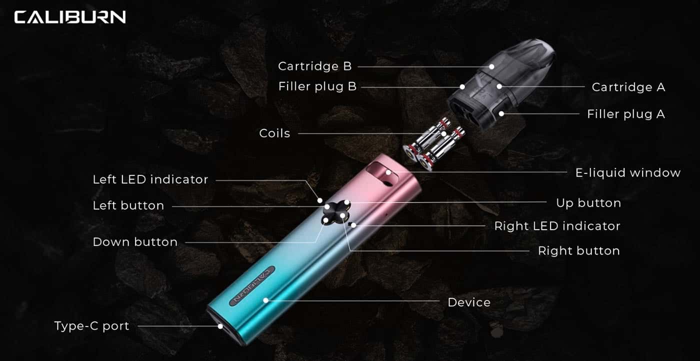 Uwell Caliburn Explorer Pod Vape Kit - Exploded parts view