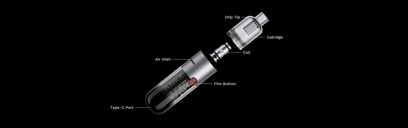 Vaporess Moti X Mini Pod Kit - exploded view and dimensions