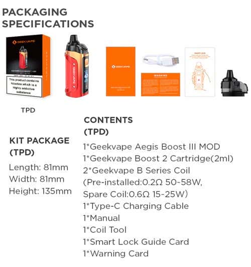 Geekvape Aegis Boost III Vape Kit - Packaging Specifications