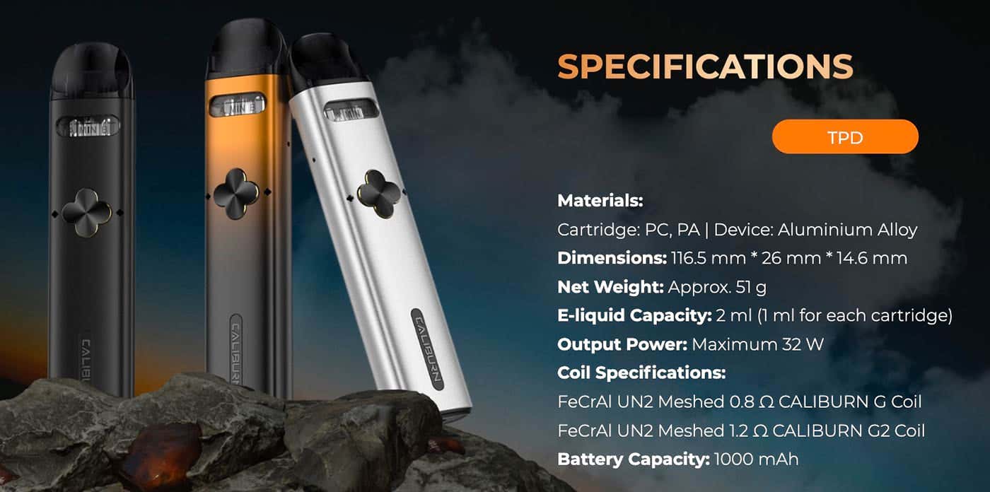 Uwell Caliburn Explorer Pod Vape Kit - Specifications