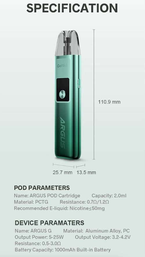 VooPoo Argus G Pod Vape Kit - Specifications