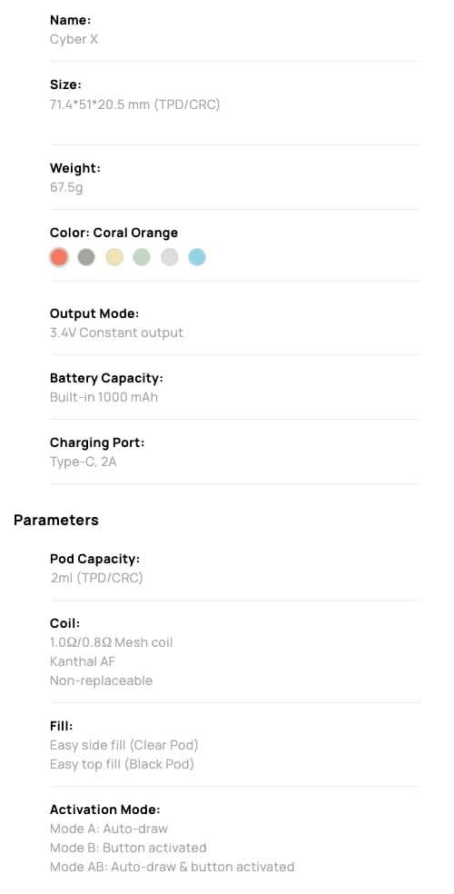 Aspire Cyber X Pod Vape Kit - Specifications