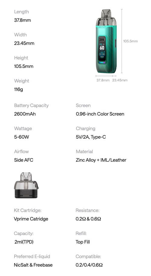 Oxva Vprime Pod Vape Kit - Specifications