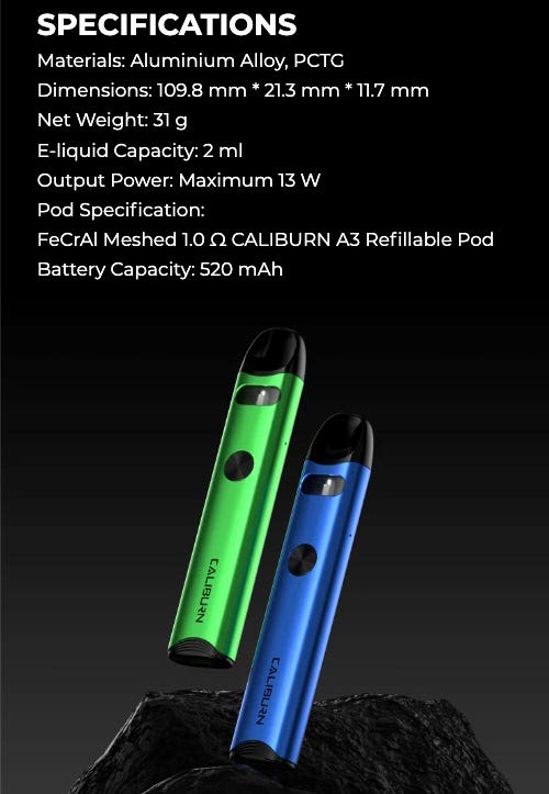 Uwell Caliburn A3 Pod Kit - Specifications