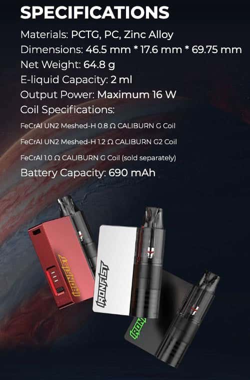 Uwell Caliburn & Ironfist L Pod Vape Kit - Specifications