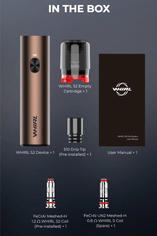 What's in the box - Uwell Whirl S2 Pod system kit contents