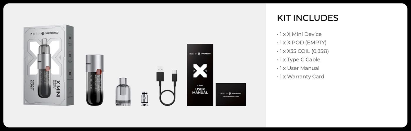 Vaporesso Moti X Mini Pod Kit - what the kit includes