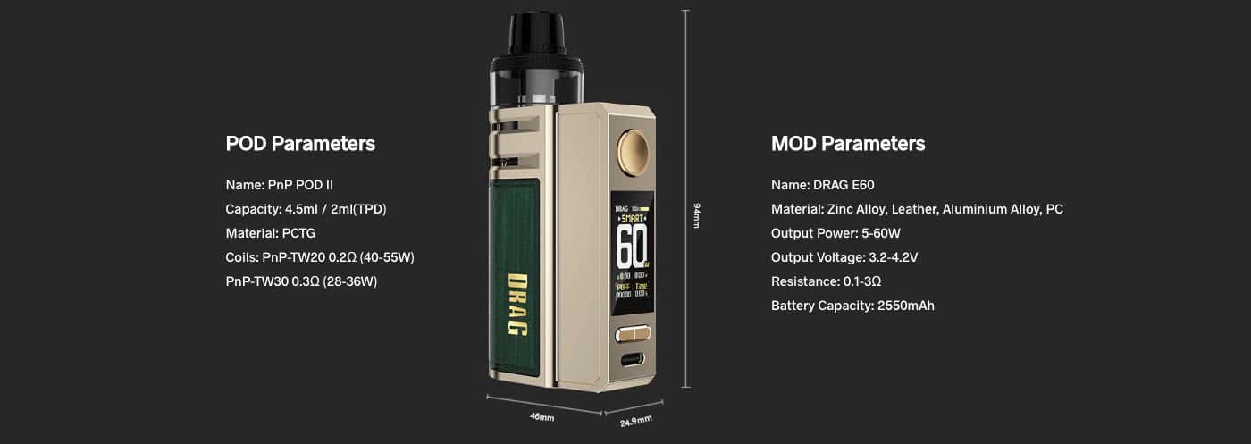 VooPoo Drag E60 Pod Vape Kit - Specifications and parameters