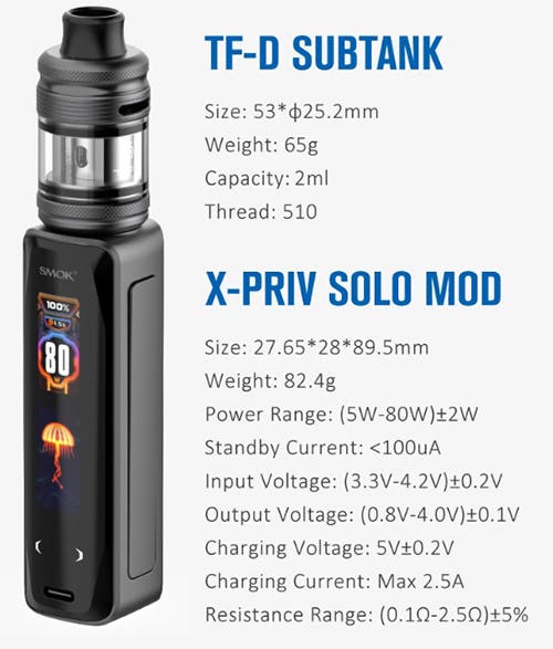 SMOK X-Priv Solo Sub-ohm Vape Kit - Specifications