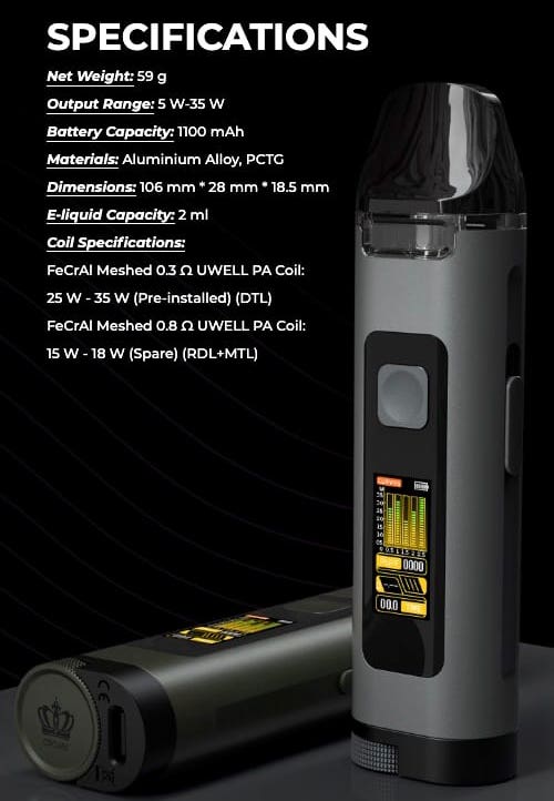 Uwell Crown D Pod Vape Kit - Specifications