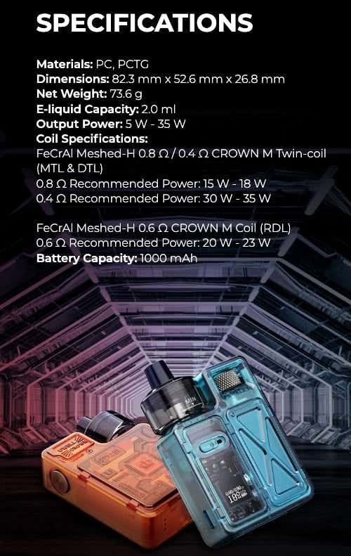 Uwell Crown M Pod Vape Kit - Specifications