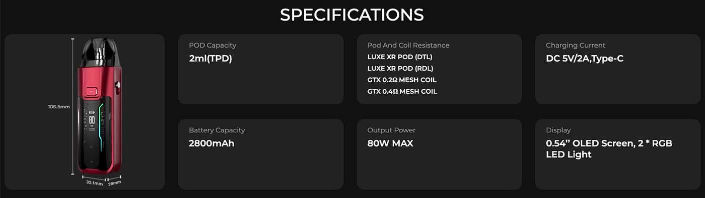 Vaporesso Luxe XR Max Pod Vape Kit - Specifications