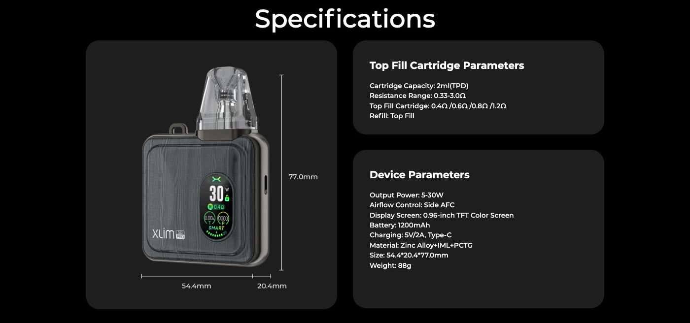 Oxva Xlim SQ Pro Pod Vape Kit - Specifications