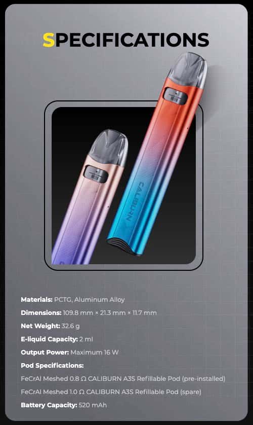 Uwell Caliburn A3S Pod Vape Kit - Specifications