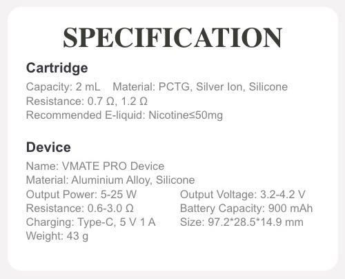VooPoo VMATE Pro Pod Vape Kit - Specifications