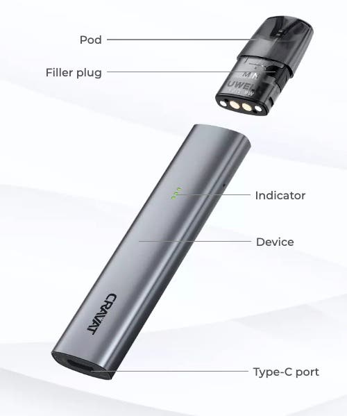 Exploded view of the Uwell Cravat Pod Kit