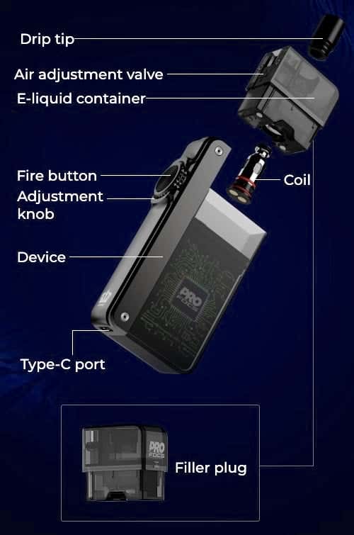 Uwell Crown B Pod Vape Kit - Exploded view of parts