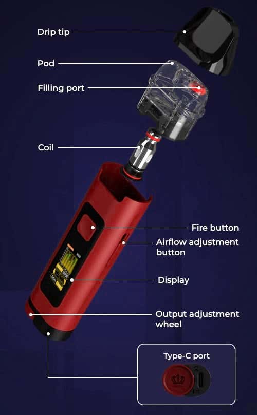 Uwell Crown D Pod Vape Kit - Exploded view of parts