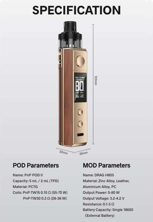 Drag H80S Pod Vape Kit - Specifications