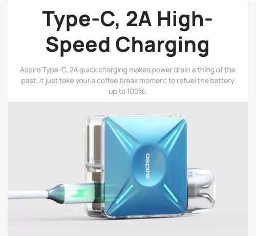 Aspire Cyber X Pod Vape Kit - Type-C, 2A high-speed charging