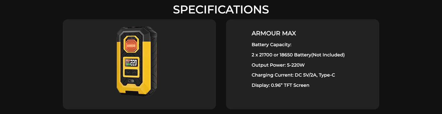 Vaporesso Armour Max 220w Vape Mod - Specifications