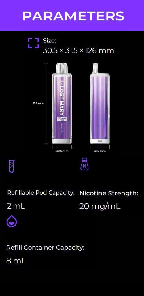 HAWCOS x Lost Mary Pro Max 7000 Disposable Vape Kit - Specifications