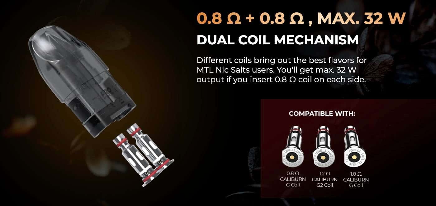 Uwell Caliburn Explorer Pod Vape Kit - Dual coil mechanism
