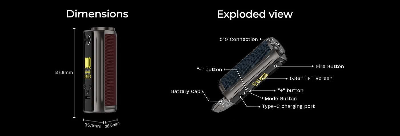 Vaporesso Target 100 Vape Mod - DImensions and exploded view