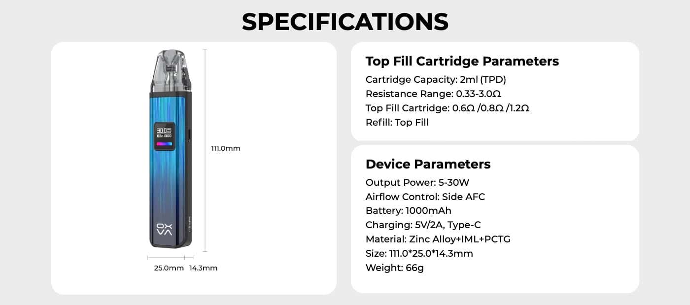 Oxva Xlim PRO Pod Vape Kit - Specifications