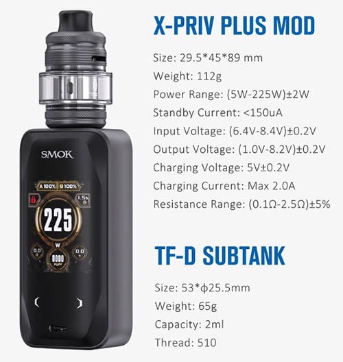 SMOK X-Priv Plus 225w Sub-Ohm Vape Kit - Specifications