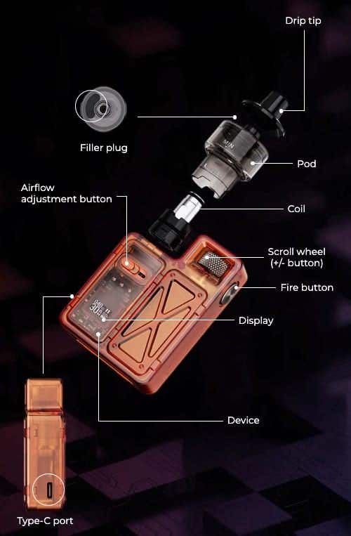 Uwell Crown M Pod Vape Kit - Exploded view of parts