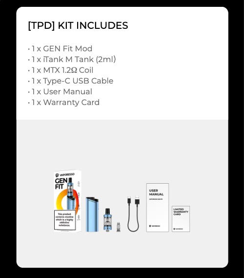Vaporesso Gen Fit Kit includes an iTank M, Gen Fit 1200 mAh battery, 1.2Ω MTX coil and Type-C charging cable