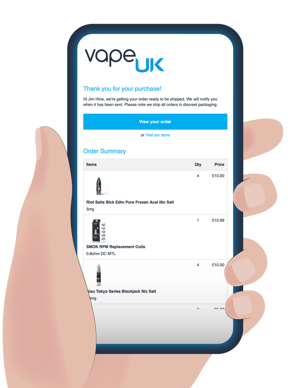 Image showing Vape UK order confirmation email