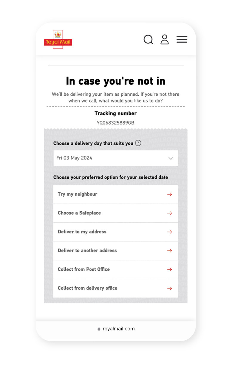 Image showing Royal Mail delivery options screen
