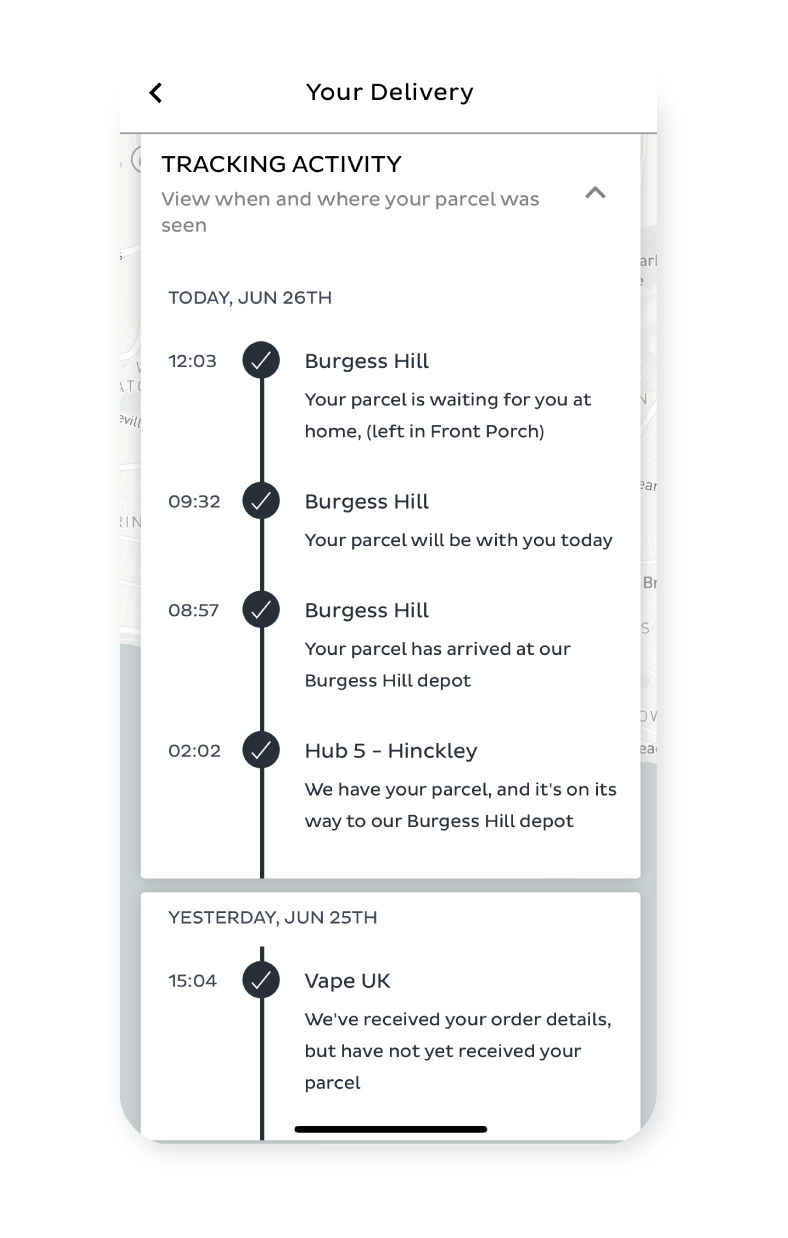 Image showing DPD Tracking history in app